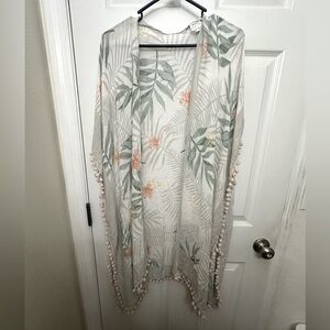 Soft cream tropical leaf boho kimono coverup with Pom Pom trim one size airy